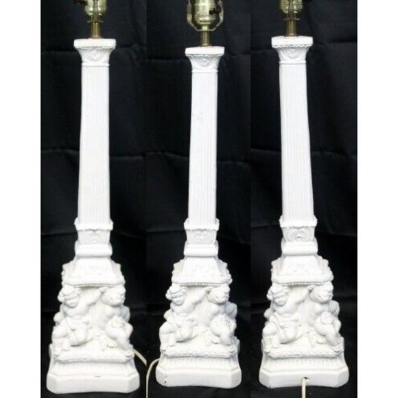 Vtg 50s 60's MCM White Cherub Angel Lamp Functioning Chalk ware Painted Plaster - Picture 3 of 11